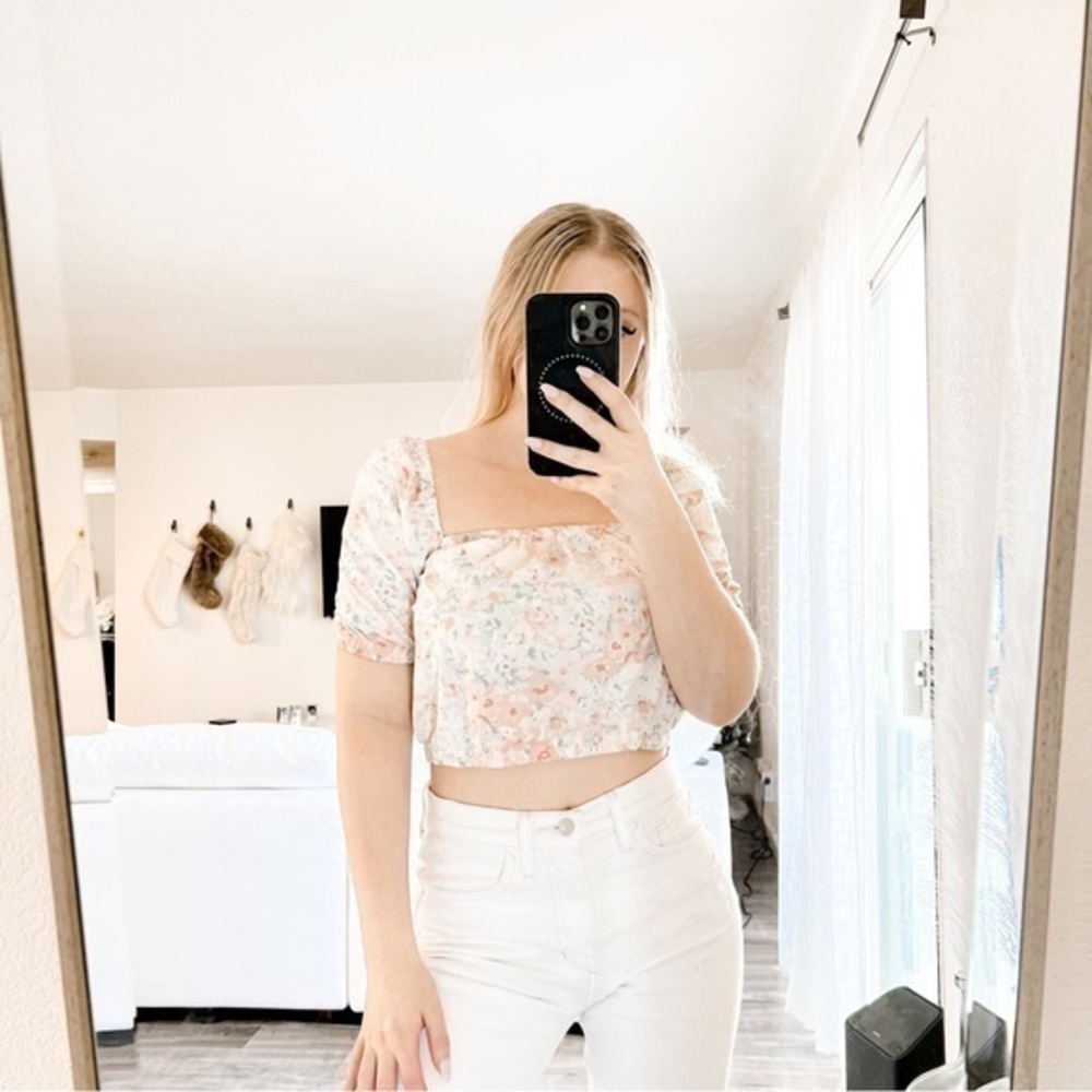H&M Floral Square Neckline Floral Crop Top 100% Cotton Size XS